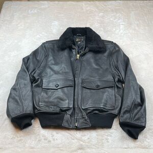 Men's Black Leather Bomber Jacket with Faux Fur Collar made in USA